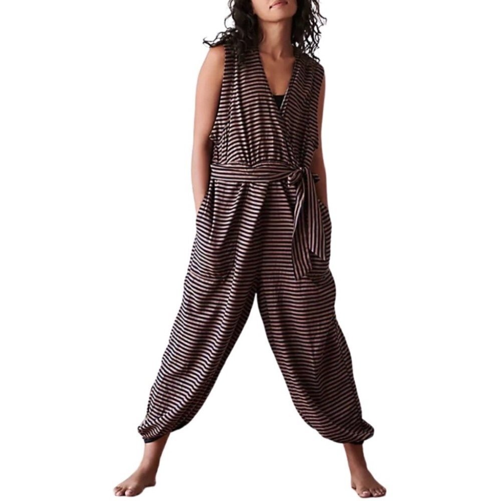 Free People Movement Find The Chi Striped Onesie Harem Jumper Size XS Black Tan